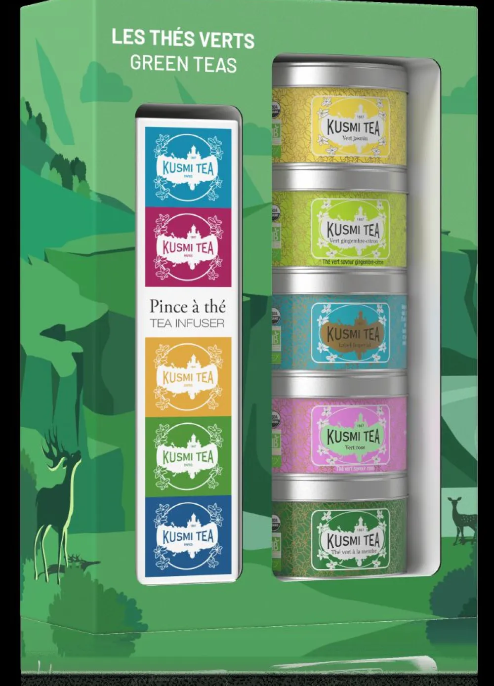 Kusmi Tea Coffret Les Thés verts bio avec une pince à thé Thé vert en vrac< Coffrets